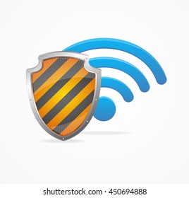 Wifi Safety Concept. Wireless Network Symbol and Shield. Vector illustration