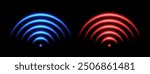 WiFi or scanner light effect, red and blue glowing sonic waves, good or bad signal concept. Neon no signal icon. Wireless network symbols.