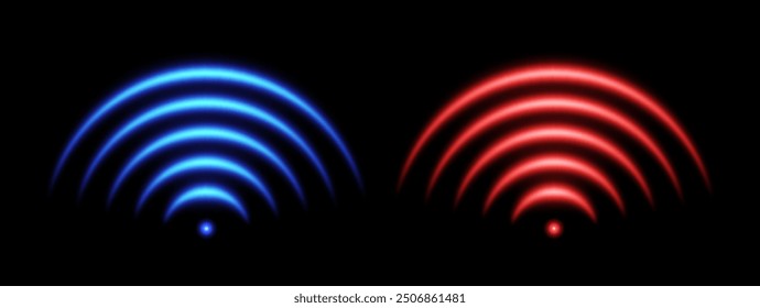 WiFi or scanner light effect, red and blue glowing sonic waves, good or bad signal concept. Neon no signal icon. Wireless network symbols.