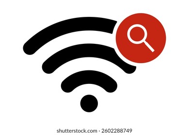 WiFi search icon, wireless network signal with magnifying glass, internet connection troubleshooting, online connectivity, digital technology, web access, signal strength, networking.