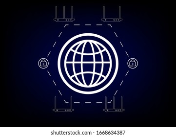 Wi-fi secure network diagram isolated on blue background, wireless ethernet modem router. Computer technology internet