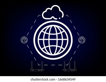 Wi-fi secure network diagram isolated on blue background. Wireless Ethernet Modem Router. Cloud technology internet