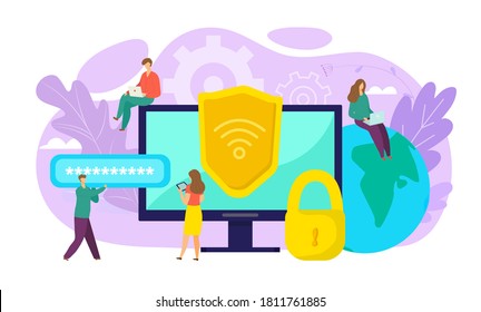 Wifi security concept, online safety, data protection, secure connection vector illustration. Cryptography, antivirus, firewall or secured cloud file exchange. Computer wi-fi encrypt data exchange.