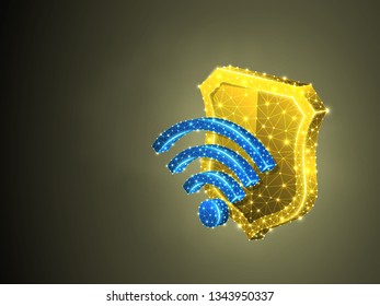 Wi-Fi security shield symbol, abstract colorful 3d illustration. Polygonal Vector business concept of internet protection. Low poly wireframe, geometry triangle, lines, dots, polygons
