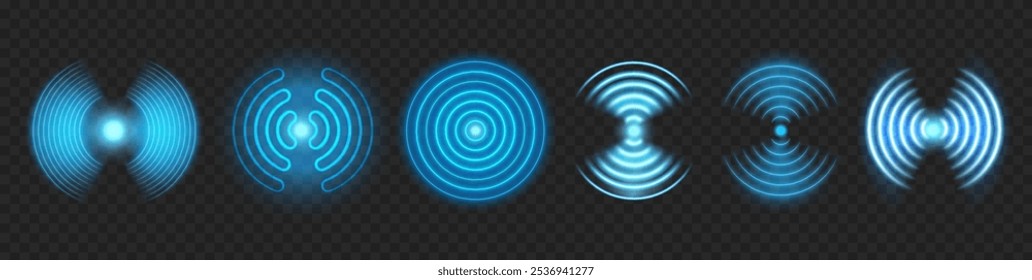 Sinais do sensor Wifi, radiofrequência ou monitor de movimentos. Conjunto isolado vetorial de círculos concêntricos. Símbolos azuis de detecção, vibração e impacto elétrico brilhando. Difusão de som, efeito de pulso