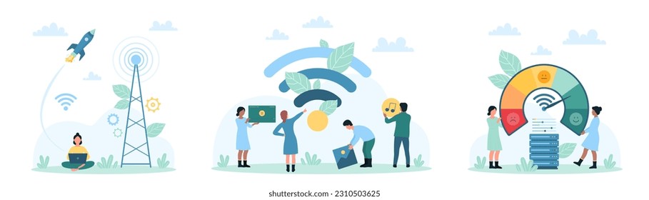 Wifi set vector illustration. Cartoon tiny people work with fast connection, wireless internet in free public hotspot zone, characters boost online data loading with level meter of speedometer