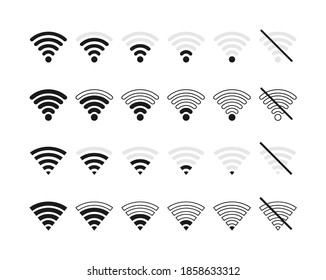 Wi-Fi set wireless signal icons. Network signs. Internet signal waves. Free wifi for devices, phones and computers. Connection antenna of router. Hotspot for communication.