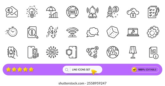 Wifi, Settings gears and Dice line icons for web app. Pack of Chat message, Video conference, Table lamp pictogram icons. Lock, Fake news, Phone pay signs. 5g technology, Timer, Dollar rate. Vector