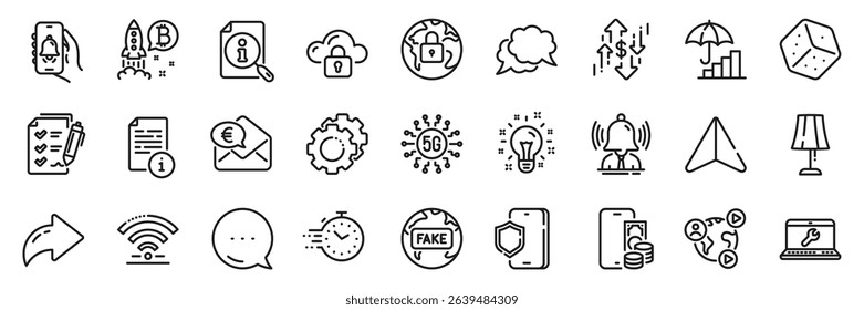 Wifi, Settings gears and Dice line icons pack. Share, Message, Paper plane icons. Chat message, Video conference, Table lamp web icon. Lock, Fake news, Phone pay pictogram. Vector