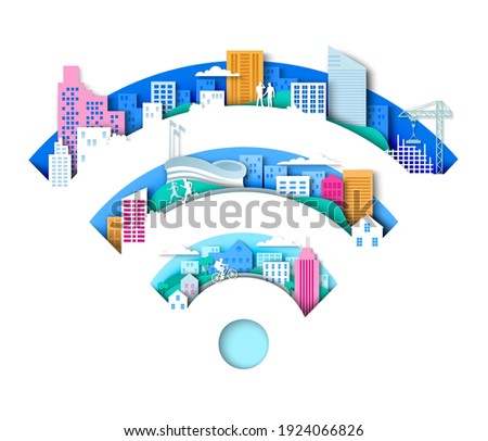 Wifi sign with city elements. Vector illustration in paper art style. Wifi intelligent city. Wireless internet connection technology.