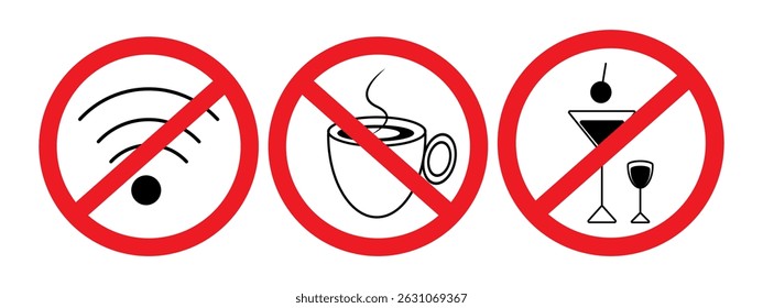  WiFi sign, Coffee cup, Alcohol drinks Minimalistic Icons under The ban sign Set Prohibitory symbols