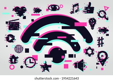 Wi-fi sign, glitch style illustration. Media streaming service. Computer network background.