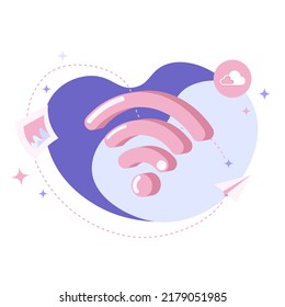 Wifi sign icon flat illustration on abstract background. Hotspot for digital and online coverage. Broadcasting area with internet. Distribution web signal using modem of router with LAN connection.