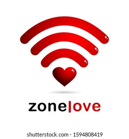 Wifi sign with a red heart and the inscription ZONE LOVE on a white background, isolated object. Vector 