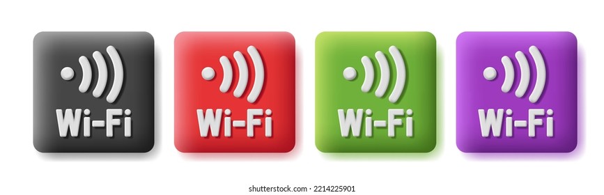 Wifi sign, square label or sticker in different colors with white letters, isolated