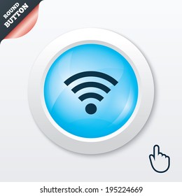 Wifi sign. Wi-fi symbol. Wireless Network icon. Wifi zone. Blue shiny button. Modern UI website button with hand cursor pointer. Vector