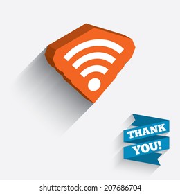 Wifi sign. Wi-fi symbol. Wireless Network icon. Wifi zone. White icon on orange 3D piece of wall. Carved in stone with long flat shadow. Vector