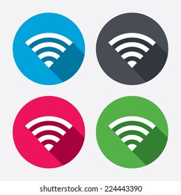 Wifi sign. Wi-fi symbol. Wireless Network icon. Wifi zone. Circle buttons with long shadow. 4 icons set. Vector