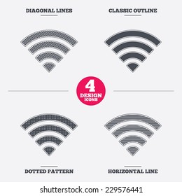 Wifi sign. Wi-fi symbol. Wireless Network icon. Wifi zone. Diagonal and horizontal lines, classic outline, dotted texture. Pattern design icons.  Vector
