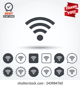Wifi sign. Wi-fi symbol. Wireless Network icon. Wifi zone. Circle, star, speech bubble and square buttons. Award medal with check mark. Thank you. Vector