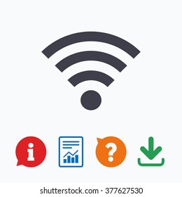 Wifi sign. Wi-fi symbol. Wireless Network icon. Wifi zone. Information think bubble, question mark, download and report.