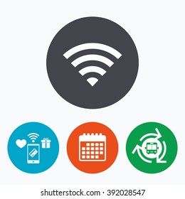 Wifi sign. Wi-fi symbol. Wireless Network icon. Wifi zone. Mobile payments, calendar and wifi icons. Bus shuttle.