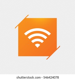Wifi sign. Wi-fi symbol. Wireless Network icon. Wifi zone. Orange square label on pattern. Vector