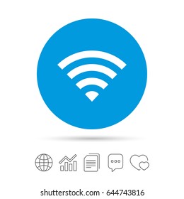 Wifi sign. Wi-fi symbol. Wireless Network icon. Wifi zone. Copy files, chat speech bubble and chart web icons. Vector