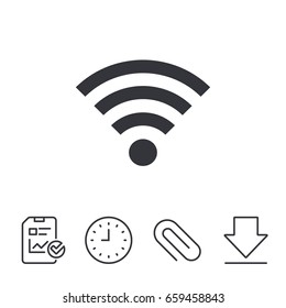 Wifi sign. Wi-fi symbol. Wireless Network icon. Wifi zone. Report, Time and Download line signs. Paper Clip linear icon. Vector