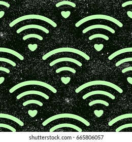 Wifi sign. Wi-fi symbol. Wireless Network icon. Wifi zone. Seamless pattern on a green background. Vector illustration