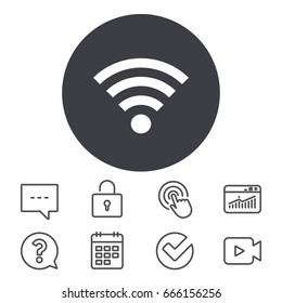 Wifi sign. Wi-fi symbol. Wireless Network icon. Wifi zone. Calendar, Locker and Speech bubble line signs. Video camera, Statistics and Question icons. Vector