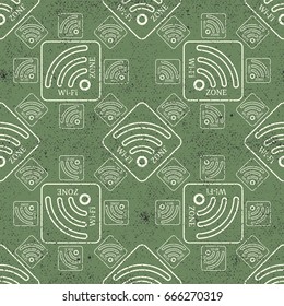 Wifi sign. Wi-fi symbol. Wireless Network icon. Wifi zone. Seamless pattern on a green background. Vector illustration