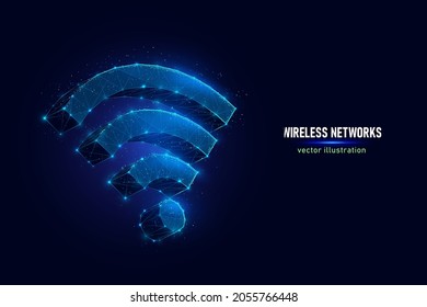 Wifi sign of wireless communication technology digital wireframe made of connected dots. Symbol of Wi Fi signal low poly vector illustration on blue background.