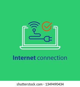 Wi-fi sign, wireless internet connection,  laptop computer, vector line icon