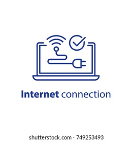 Wi-fi sign, wireless internet connection,  laptop computer, vector line icon