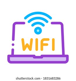 Wifi Sign And Word On Laptop Display Vector Icon Thin Line. Laptop With Internet Access Hotel Performance Of Service Equipment Linear Pictogram. Business Hostel Items Contour Illustration