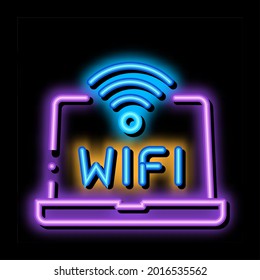 Wifi Sign And Word On Laptop Display neon light sign vector. Glowing bright icon transparent symbol illustration