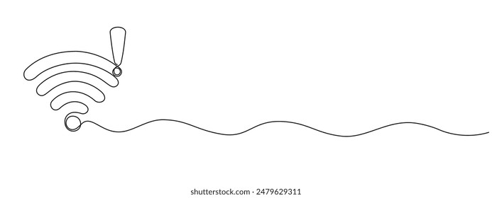 WI-FI signal with alert icon drawn in one continuous line. Contour icon for internet with connection problem in simple linear style Vector editable illustration