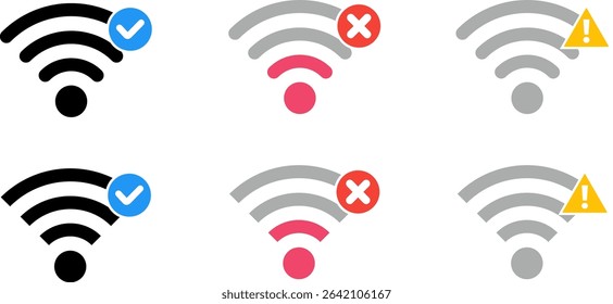 Wifi signal bar icon bundle with check, cross, and warning indicators. Vector icon set for UI, web, apps, infographics, presentations, and digital projects.