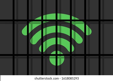 Wi-fi signal is behind the bars - restriction and regulation of internet. Web, net and cyberspace are controlled, restricted and regulated by barrier, block, ban. Vector illustration
