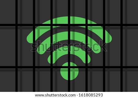 Wi-fi signal is behind the bars - restriction and regulation of internet. Web, net and cyberspace are controlled, restricted and regulated by barrier, block, ban. Vector illustration