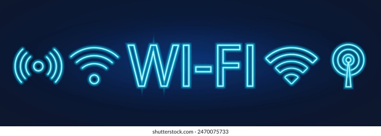  wifi signal, blue neon glow icon, set
