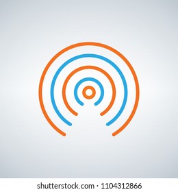 WIFI signal circle waves Icon Vector flat design style in blue and orange colors, isolated on modern background.