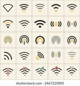 Wifi signal collection. Set of data transfer concept includes antenna tower and wireless signal. Stock vector illustration isolated on light background.