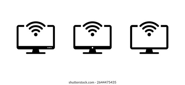 WIFI signal with computer monitor icon. Desktop PC with wireless network sign symbol