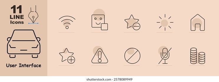 Wifi signal, emoji, add star, remove star, brightness, home, mute microphone, coins stack. Icons represent interface elements for interaction and media settings