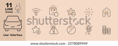 Wifi signal, emoji, add star, remove star, brightness, home, mute microphone, coins stack. Icons represent interface elements for interaction and media settings