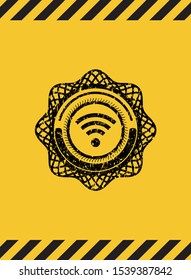wifi signal icon grunge black emblem with yellow background, warning sign. Vector Illustration. Detailed.