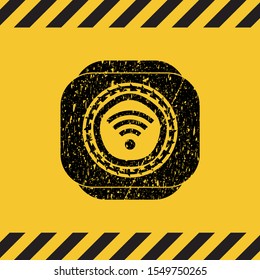 wifi signal icon grunge black emblem with yellow background, warning sign. Vector Illustration. Detailed.