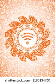 wifi signal icon inside abstract emblem, orange mosaic background
